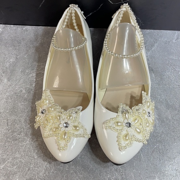 Getmorebeauty Pearl Bows Bridal Flats White Size 9.5m - Picture 6 of 8